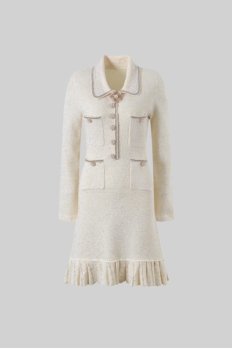 Dokulu Triko Elbise - Krem